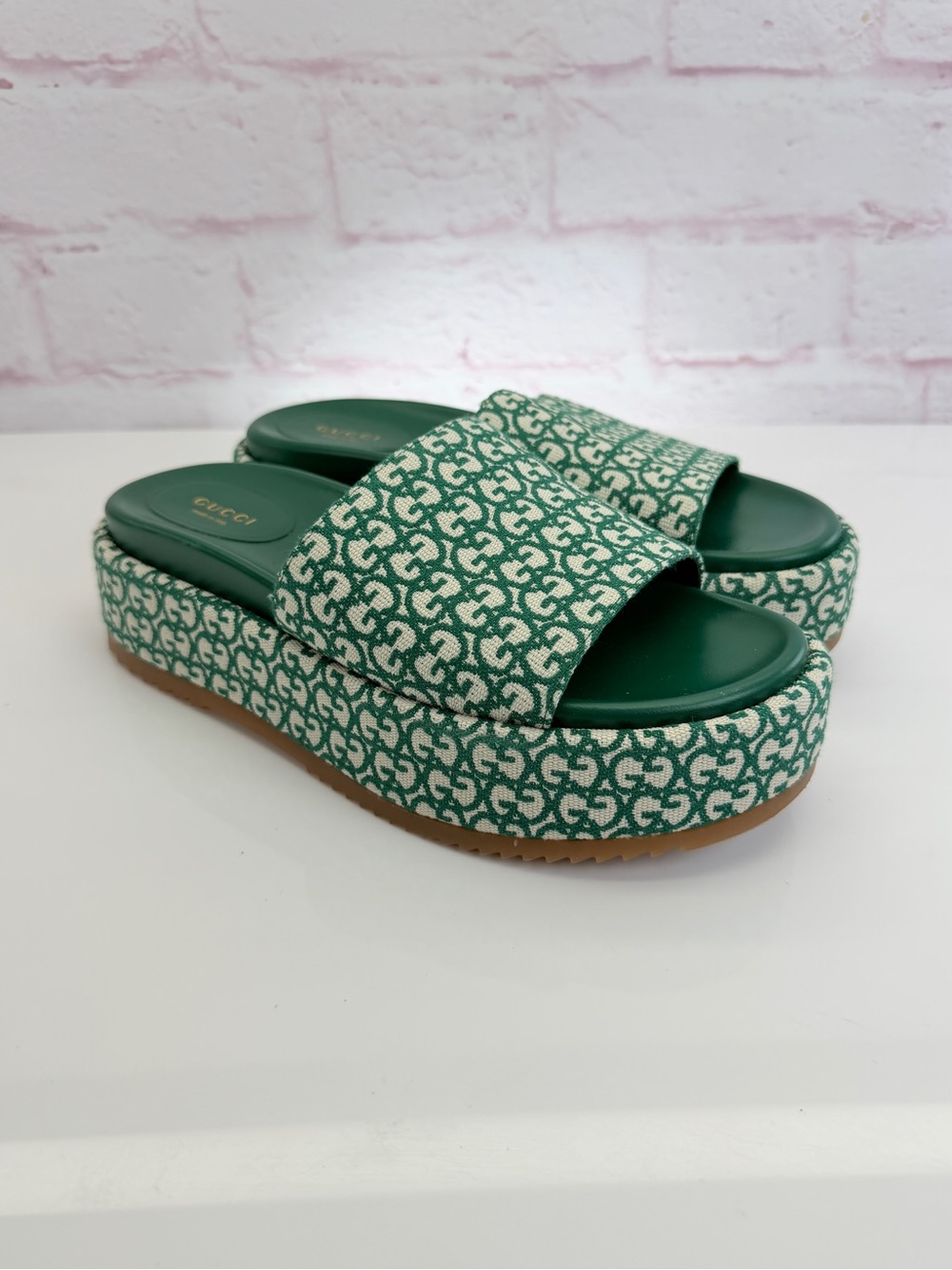 Gucci Green Jacquard Monogram Platform Slide Sandals 39